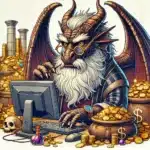 a wise and older dragon sitting at a computer, guarding his plunder